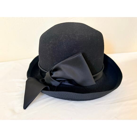 Vintage Miss Eileen Black Felt Bowler Hat Satin Bow Cloche Derby Womens main image 7